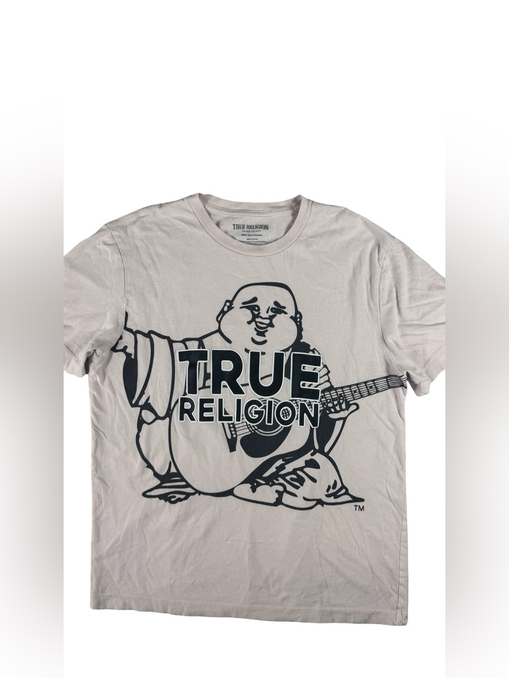 True Religion Buddha Guitar Graphic Tee Pink Logo T Shirt Mens Medium Y2K